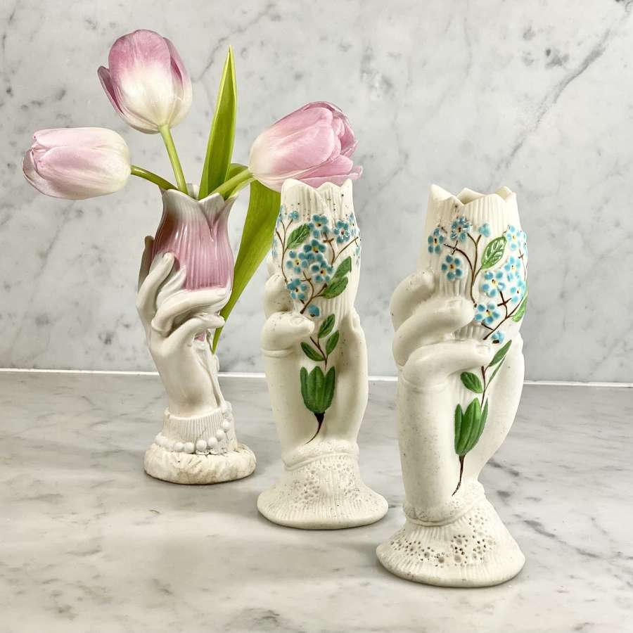 Trio of 19th C French hand holding posy vases