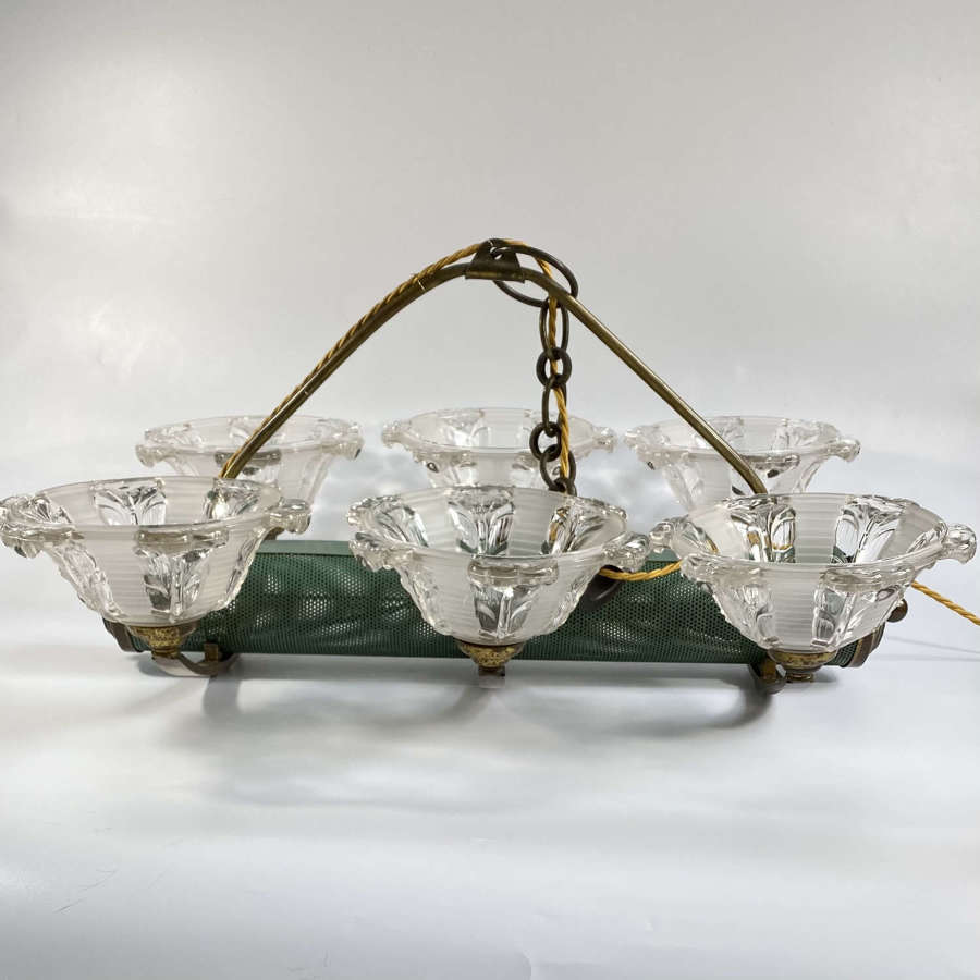 Art Deco French tole, ormolu and glass pendant chandelier