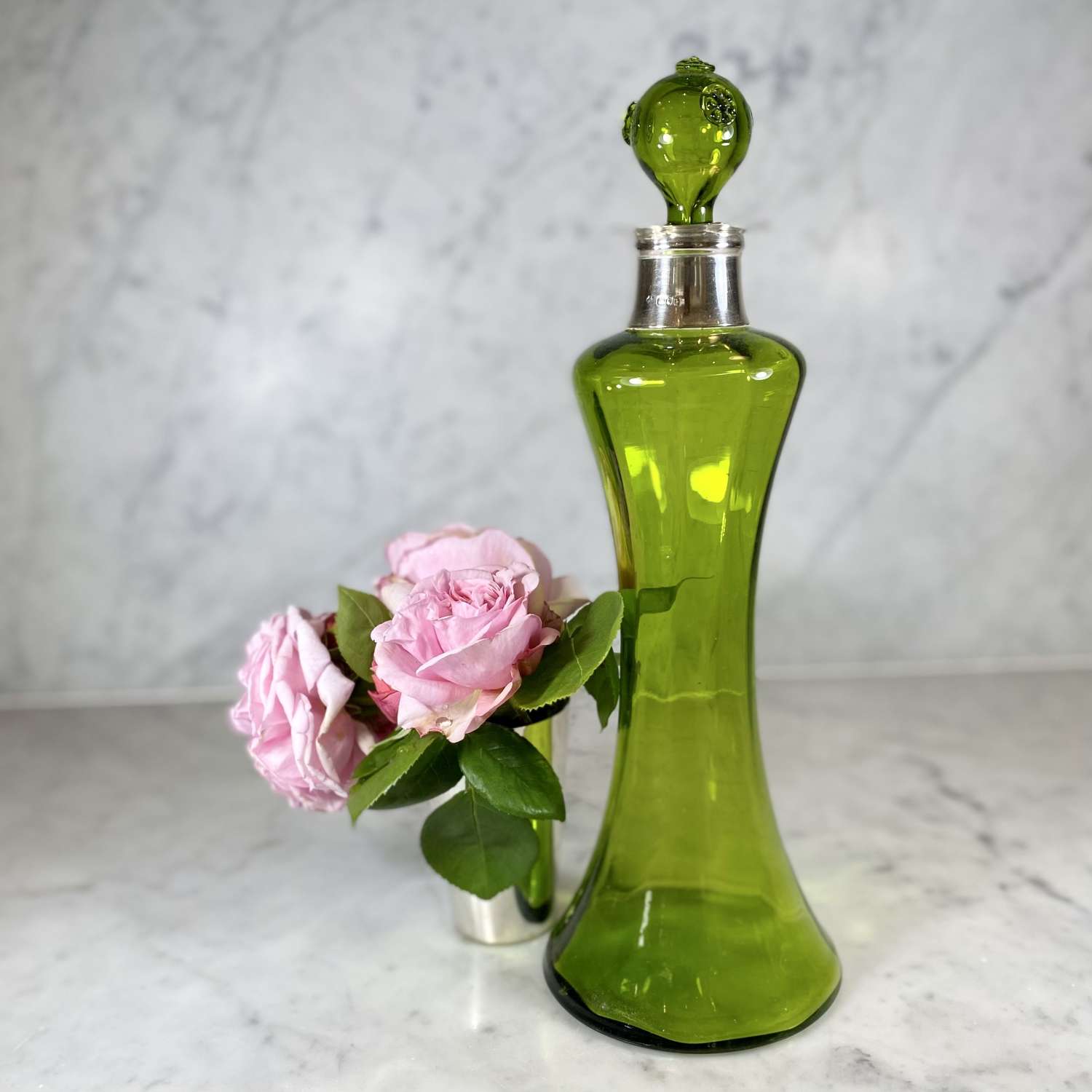 Art Nouveau green glass decanter with silver collar by William Hutton