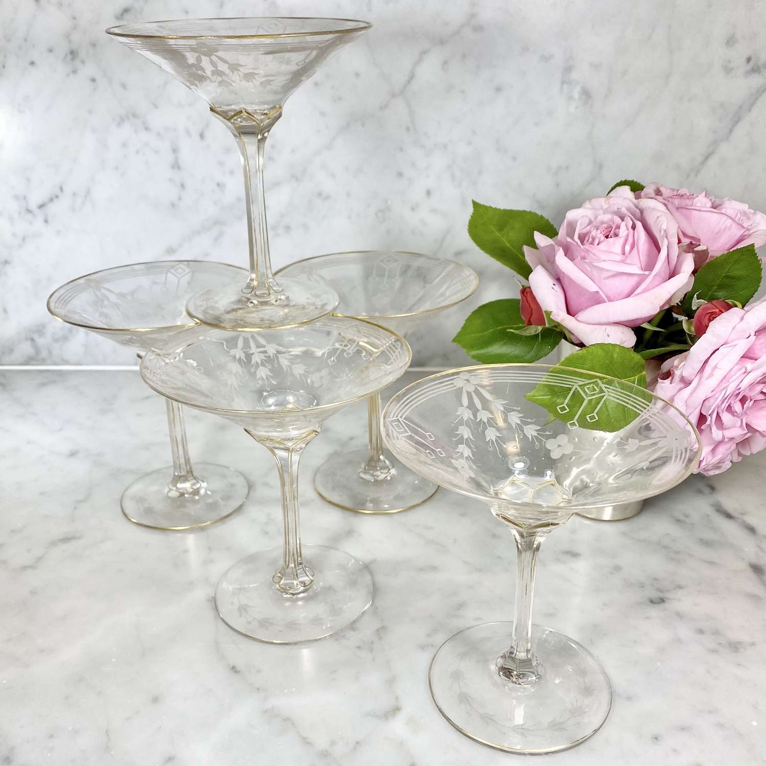 Exceptionally rare Art Nouveau etched champagne or cocktail saucers