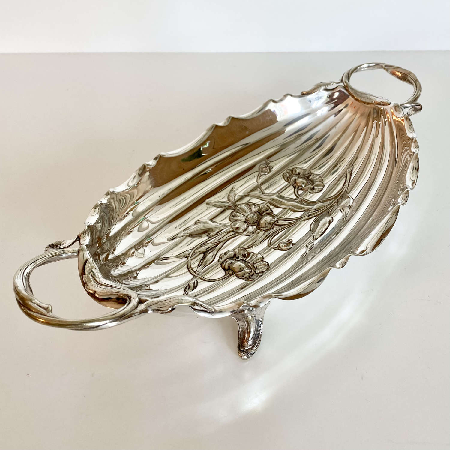 English Art Nouveau flower embossed silver plated basket bowl