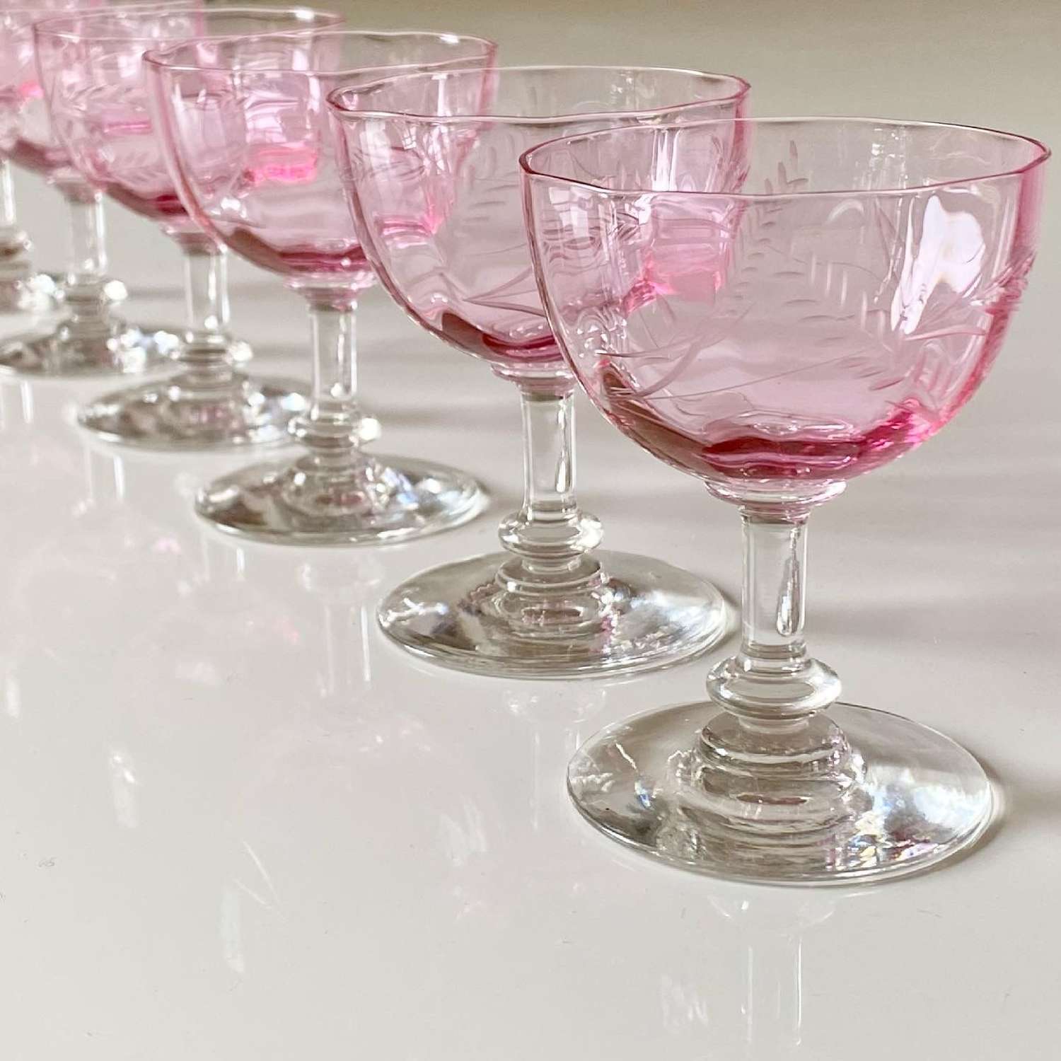 Six pink Baccarat crystal dessert wine glasses