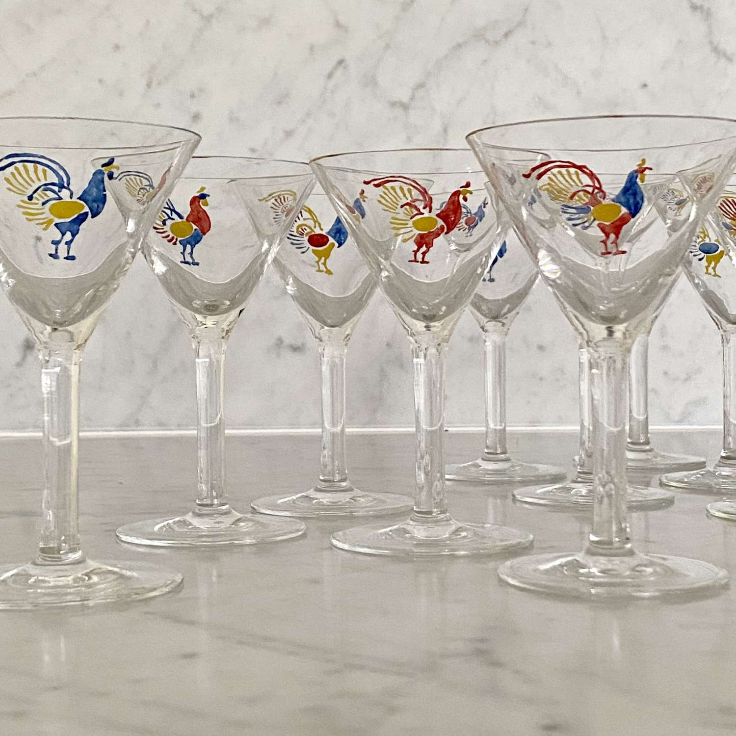 12 Art Deco hand enamelled Cockerel cocktail coupes
