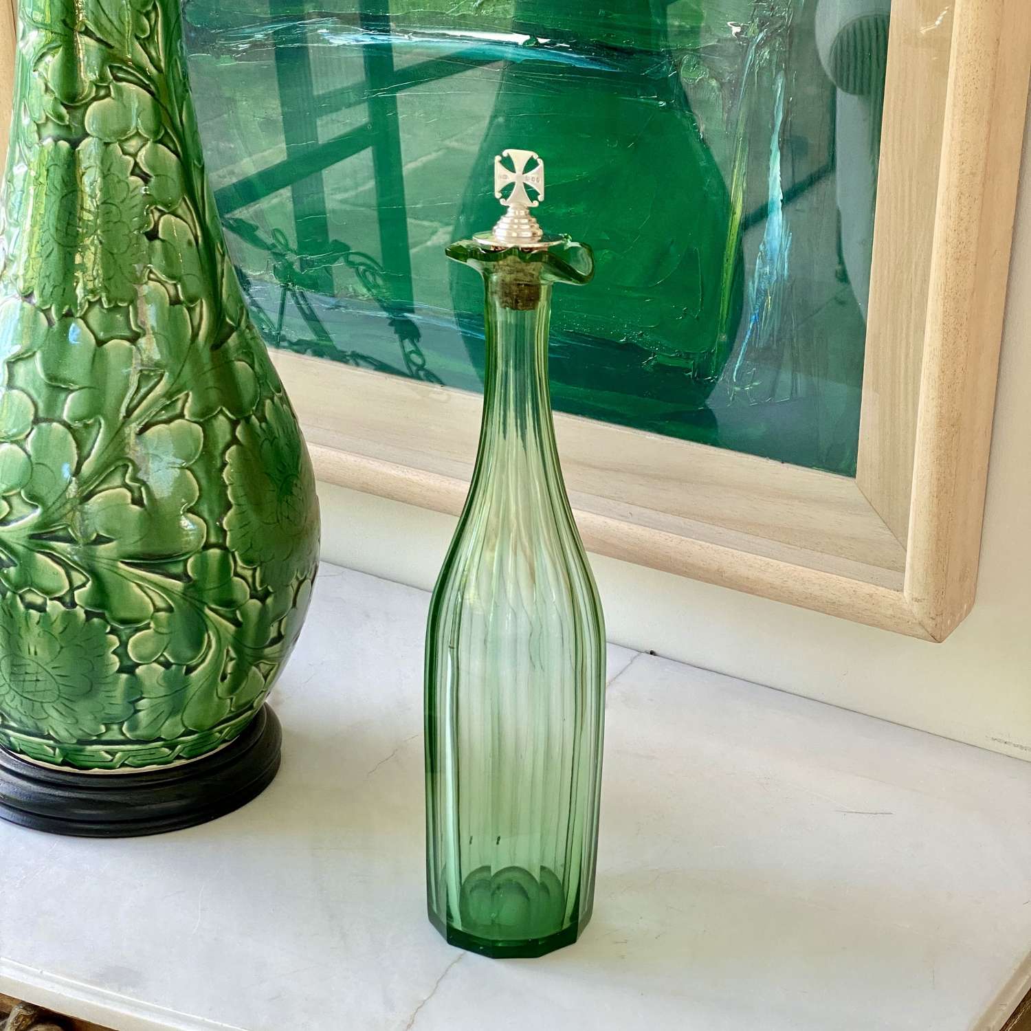 19th C apple green tall decanter & silver stopper