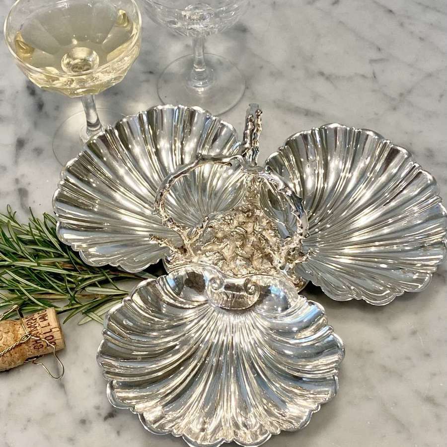 Triple shell silver plated H’ors d’Oeuvres dish with faux coral handle