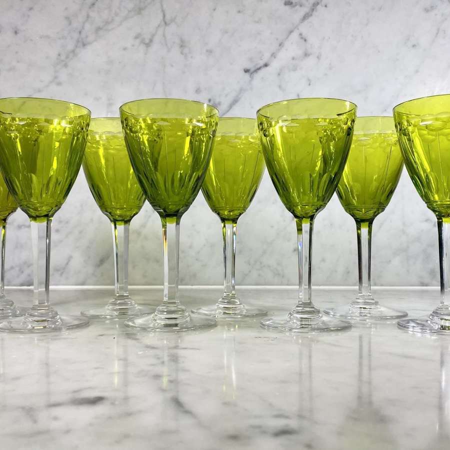 8 Val Saint Lambert chartreuse green cut crystal white wine glasses