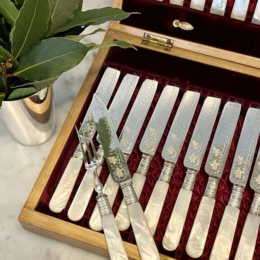 Victorian Mother of Pearl & silver plated cutlery for 12 guest