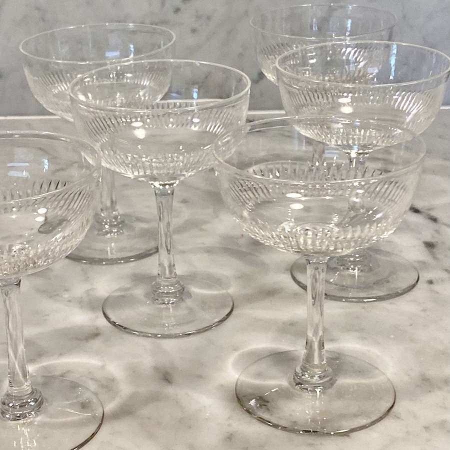 Charming set of six Edwardian cut crystal champagne coupes