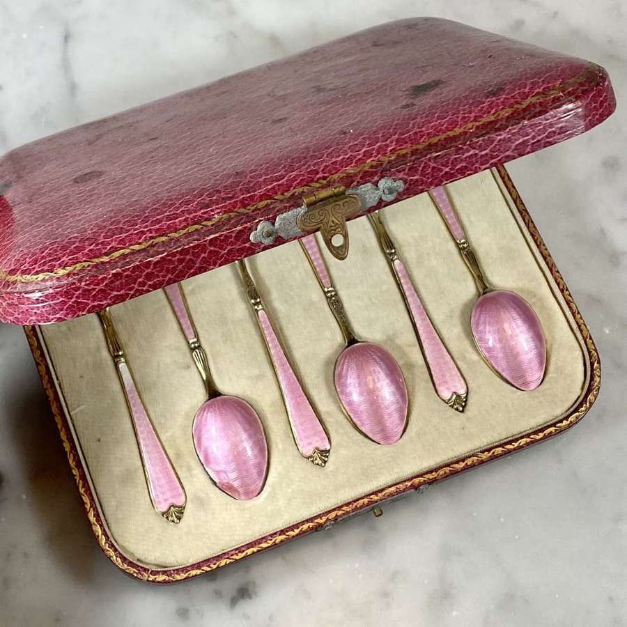 Six Art Deco pink Guilloche enamel & hallmarked silver gilt spoons