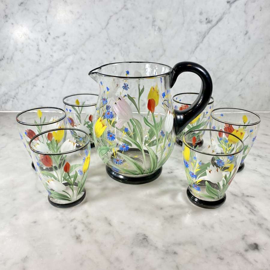 Hand painted enamel floral jug and tumblers 1930s