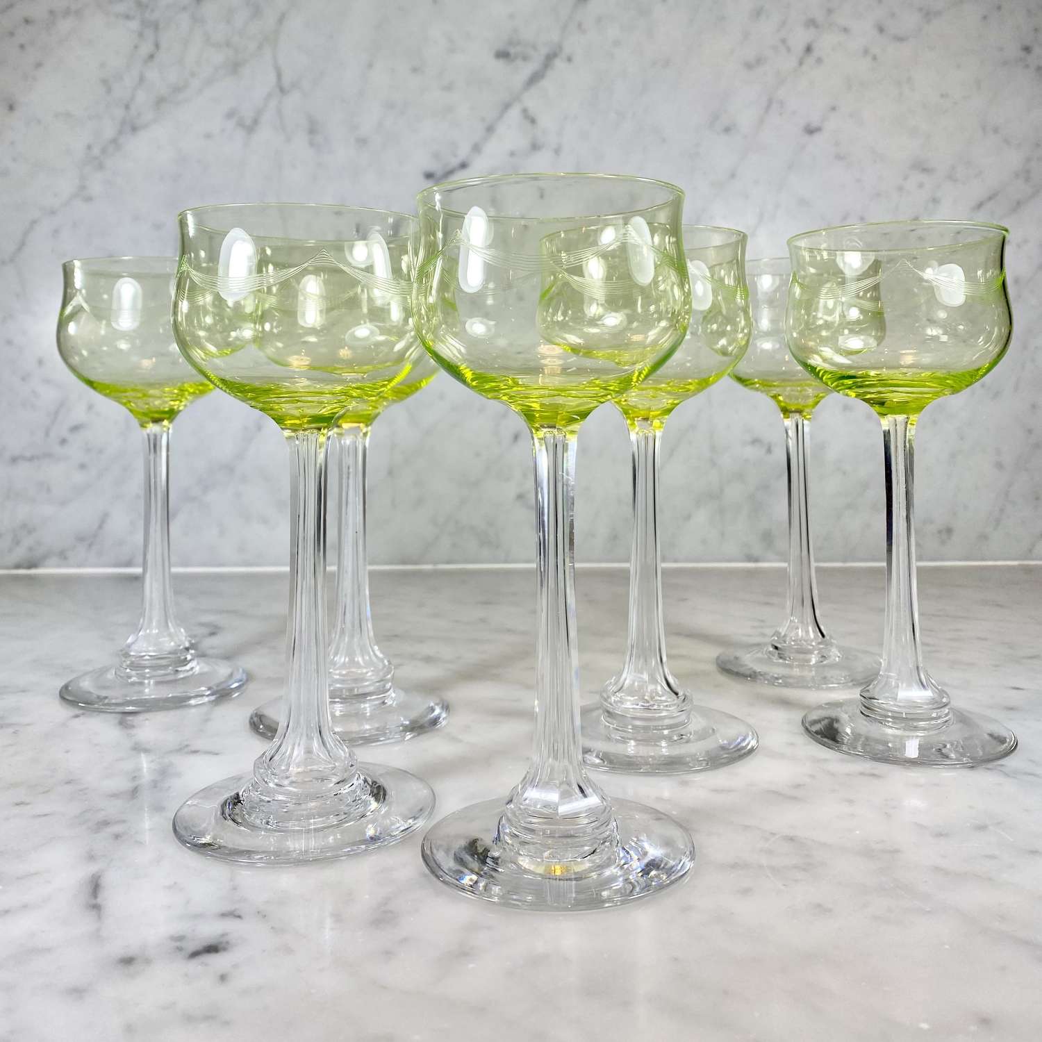 Set of Austrian Uranium hock glasses with opaque stems