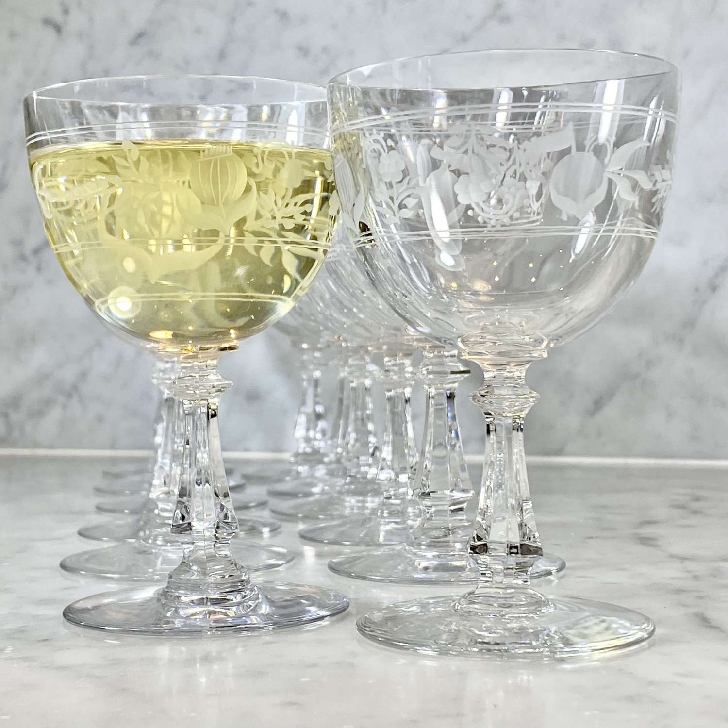 Val Saint Lambert Pommegranate etched white wine glasses