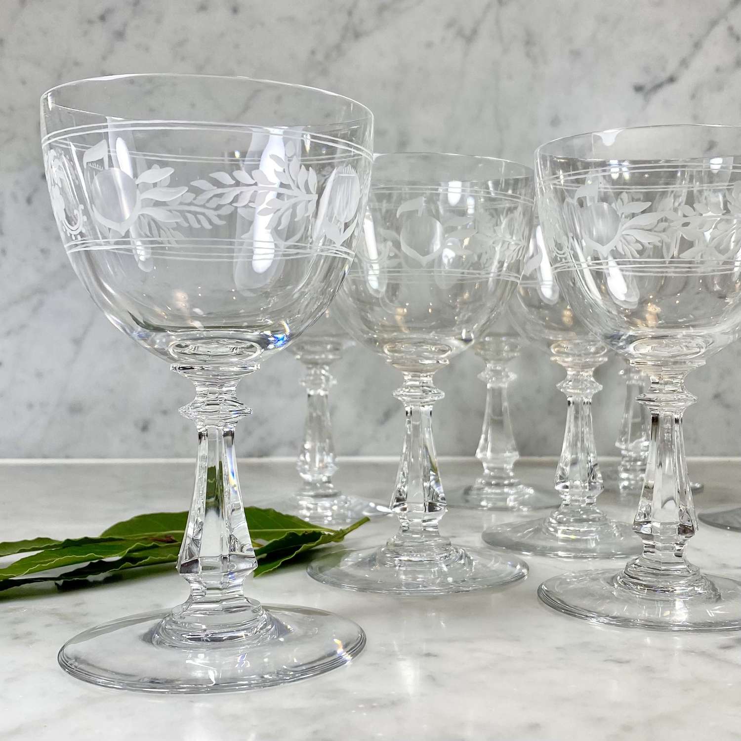 Val Saint Lambert pomegranate etched red wine glasses