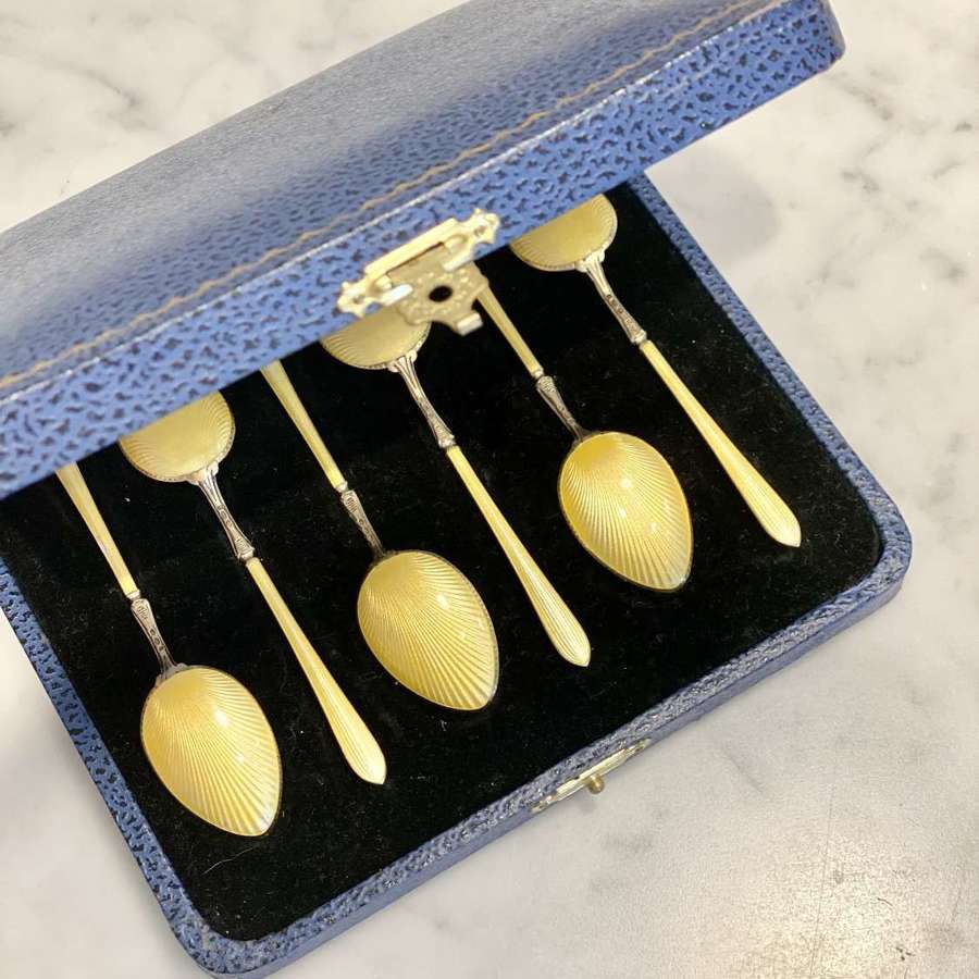 Art Deco primrose yellow Guilloche enamel silver gilt spoons 1920s