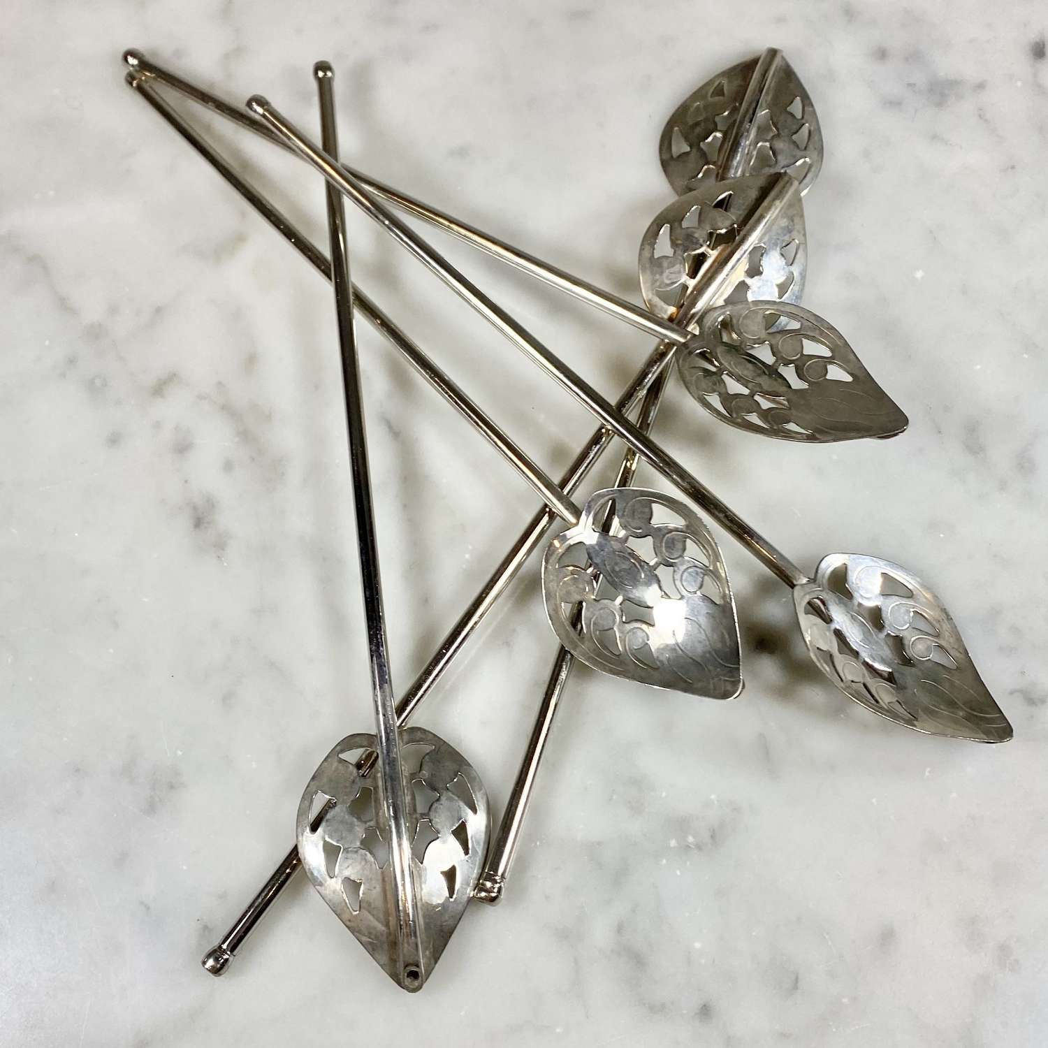 Six vintage cocktail straw mixing spoons