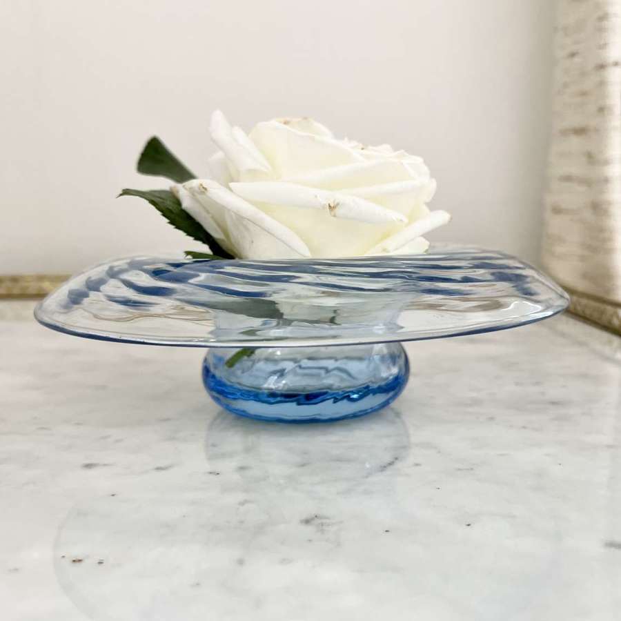 Art Deco Whitefriars blue spiral foldover glass flower vase