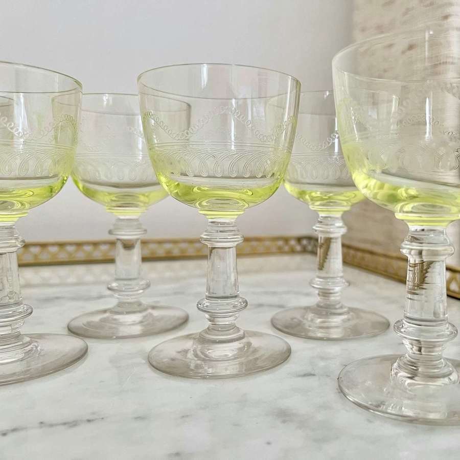 7 French etched crystal Uranium port glasses