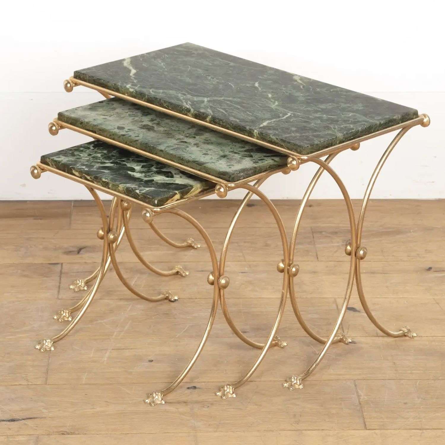 French green marble & brass nest of side tables Circa 1950s