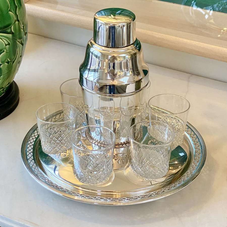 Art Deco cocktail shaker tray & crystal glass set