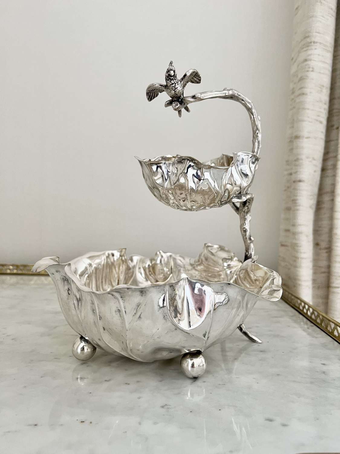 Silver plated double cabbage leaf bowl with bird handle