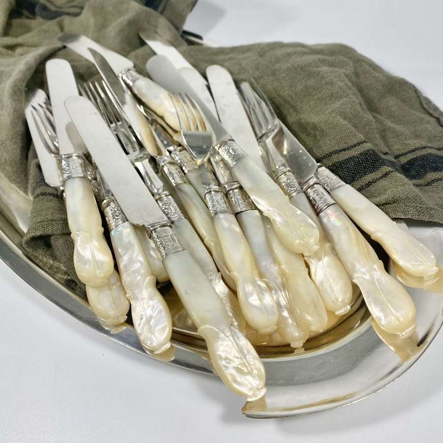 Victorian carved mother of pearl handled cutlery set - 20 pieces
