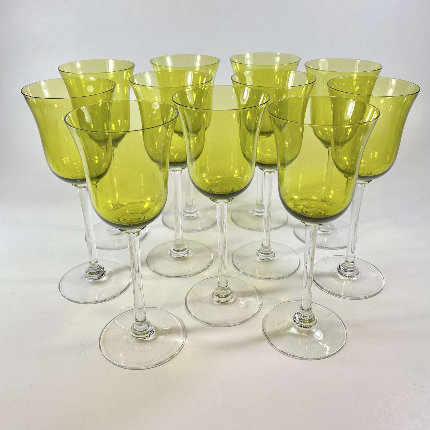 Set of Chartreuse green tall crystal wine glasses