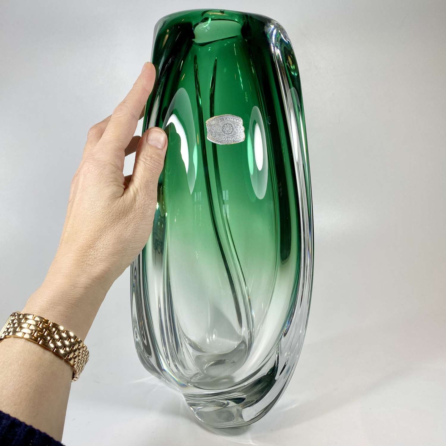 Oversized spiral Val Saint Lambert green crystal vase