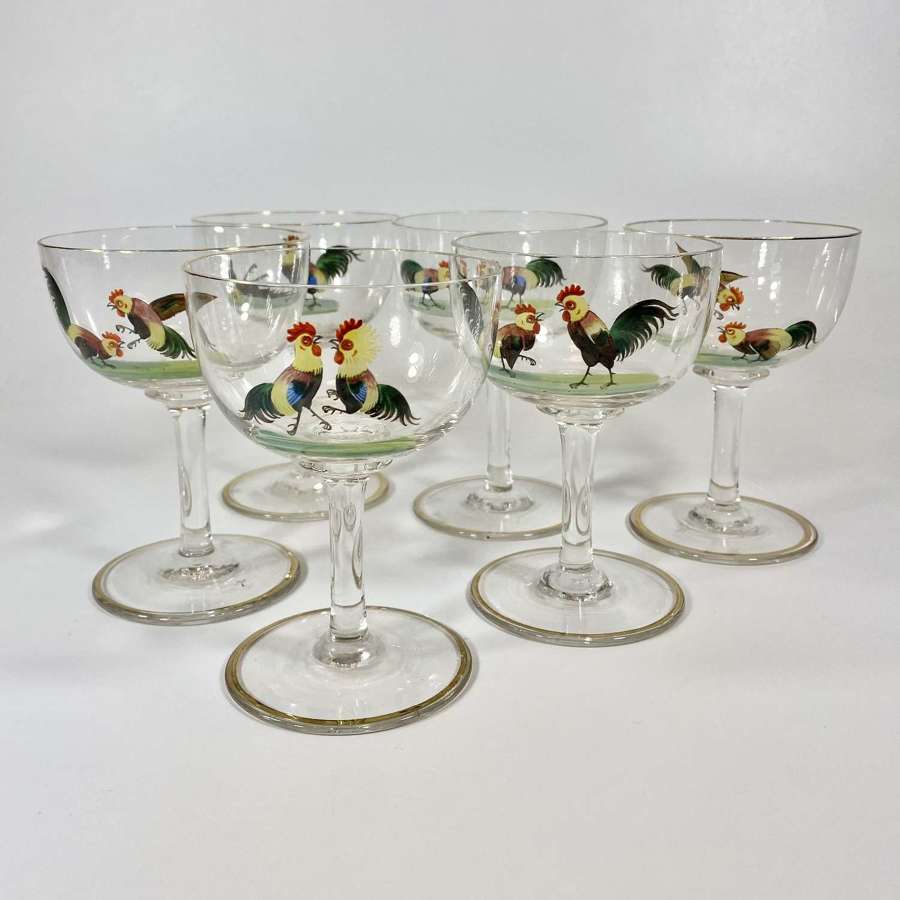 Art Deco hand painted enamel Cockerel cocktail glass coupe set