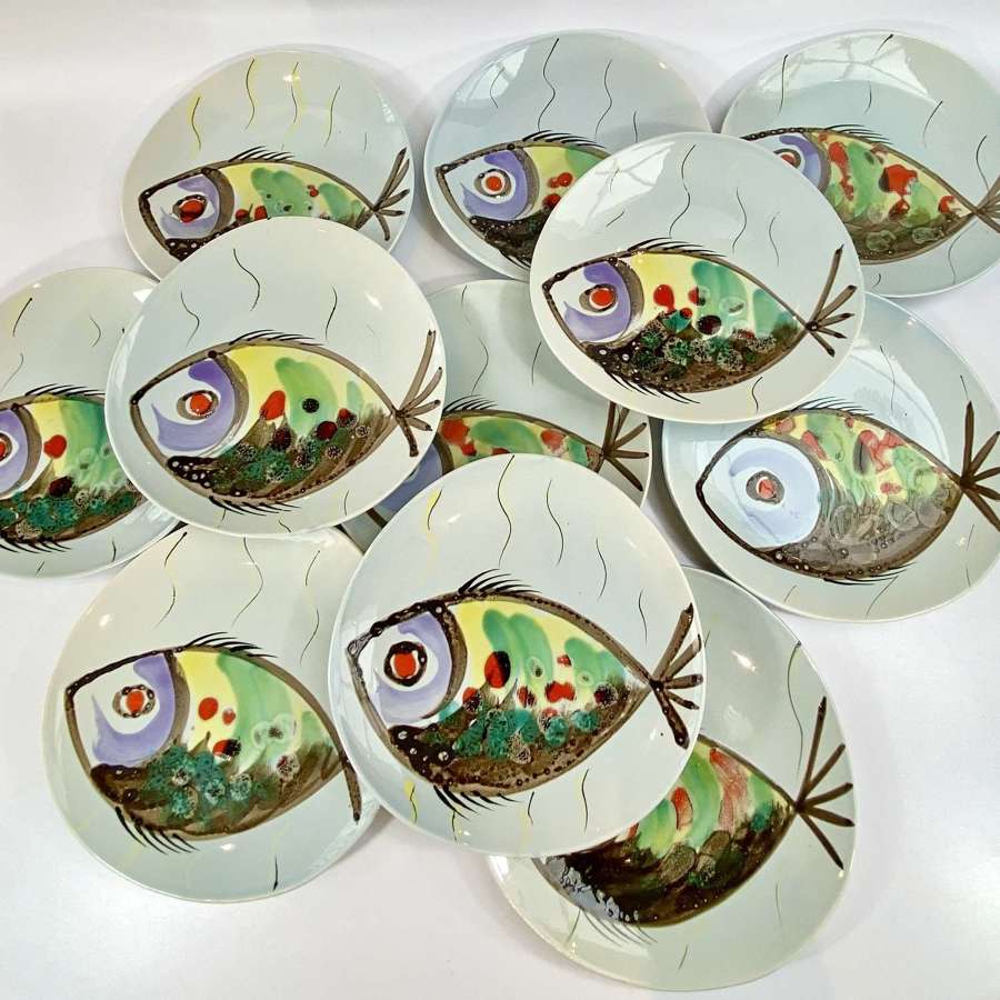 Set of French Mid Century hand painted fish plates