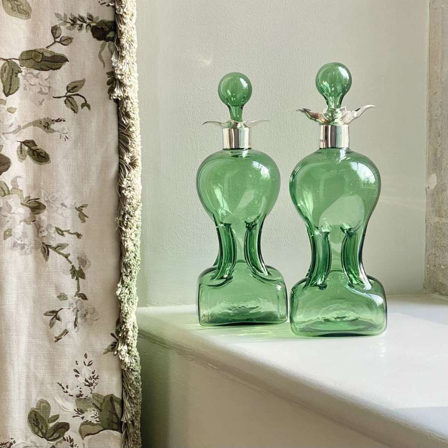 Exceptional Victorian silver collar Glug Glug green decanters