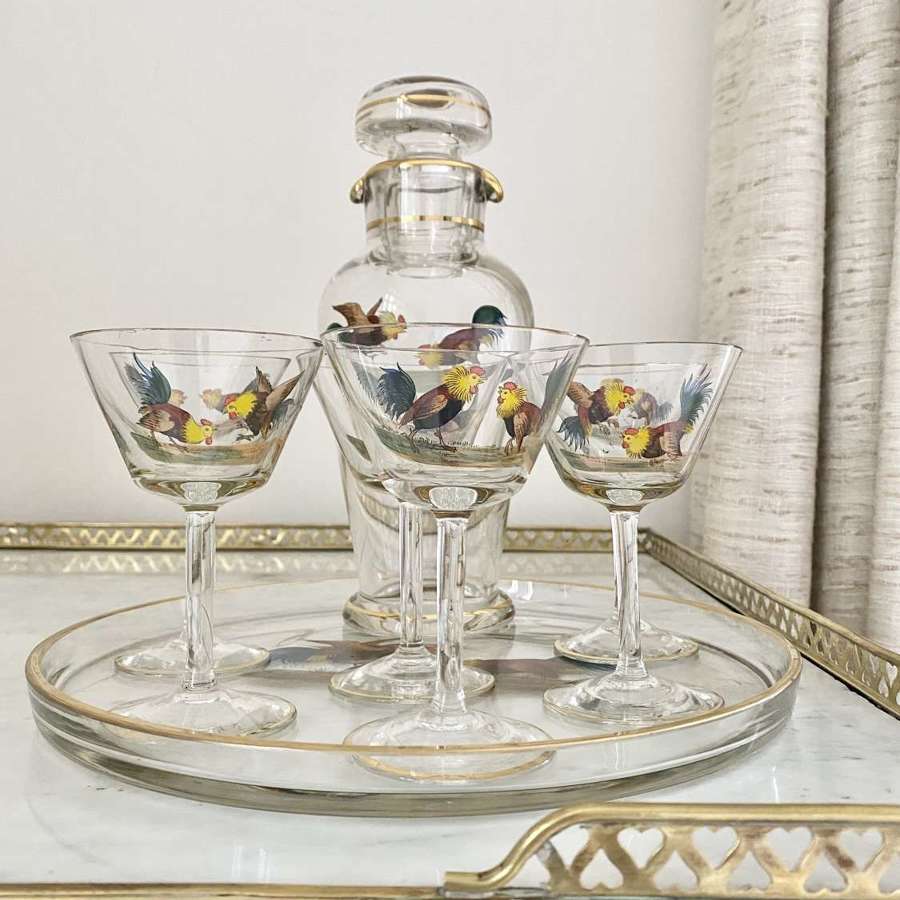 Enamelled cockerel cocktail shaker tray & glasses