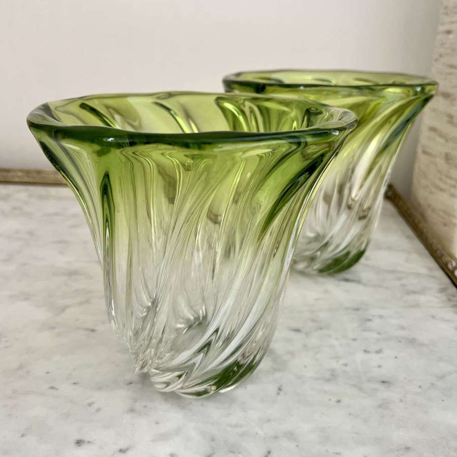 Pair of green fade crystal Val Saint Lambert vases
