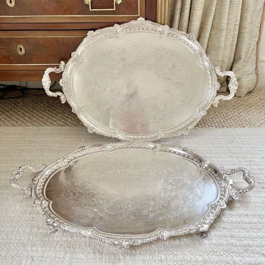 Pair of super-large silver plated twin handled serving trays
