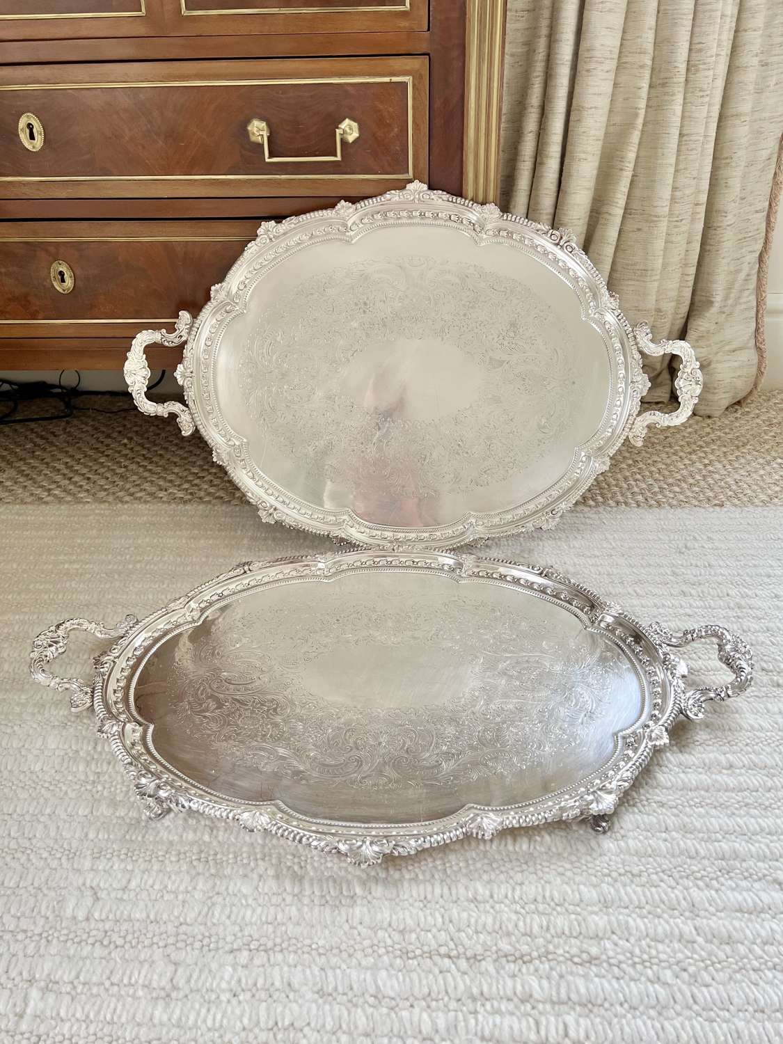 Pair of super-large silver plated twin handled serving trays