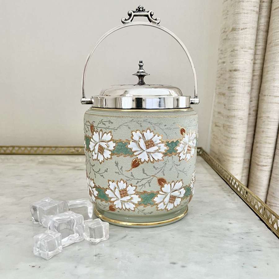 English Art Nouveau enamelled china & silver plated ice bucket