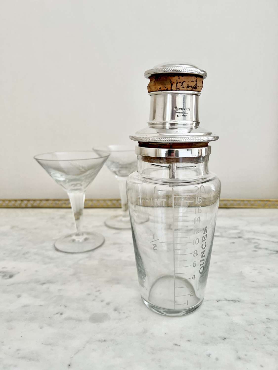 Art Deco silver plate etched glass cocktail shaker