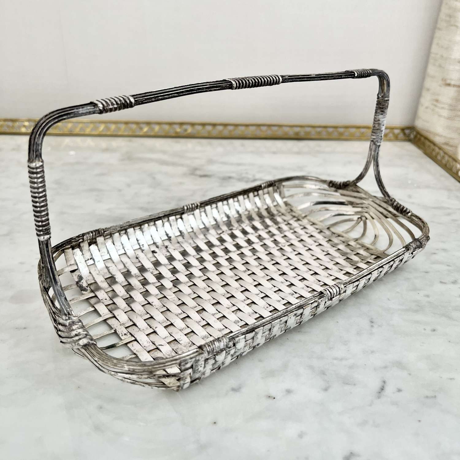 French Art Deco woven silver plated basket