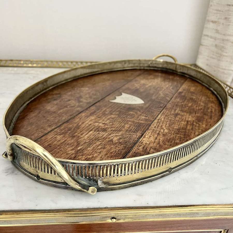 19th Century English oak and brass oval twin handled tray