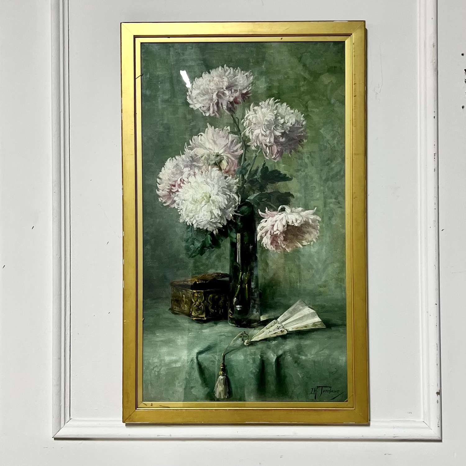 Still life oil on canvas pink chrysanthemums & fan