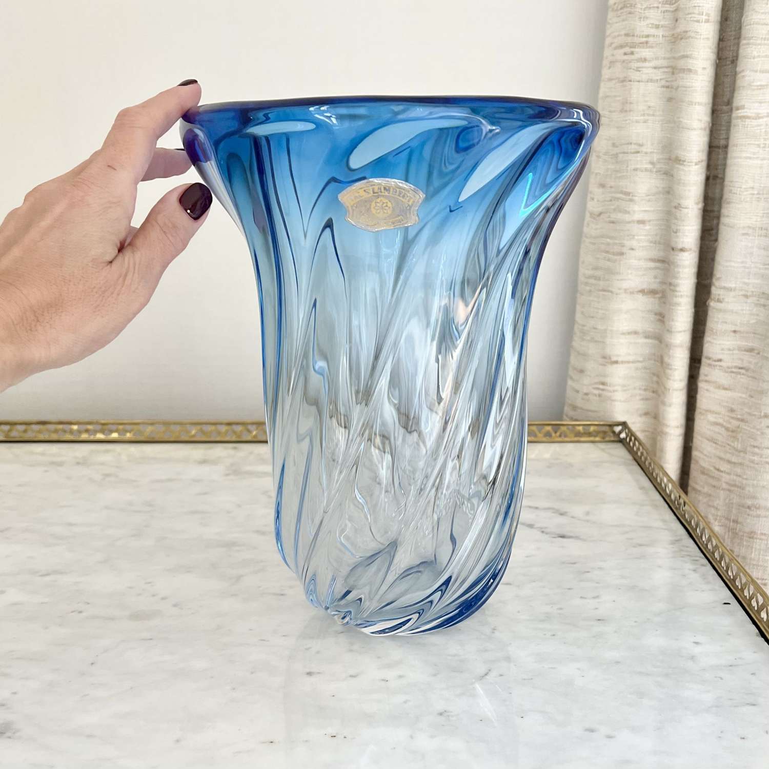 Massive fluted cobalt crystal vase by Val Saint Lambert, 1957