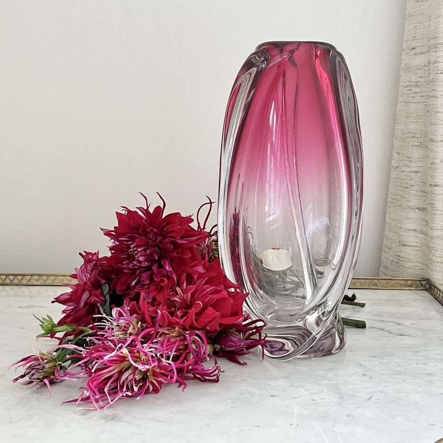 Oversized pink spiral Val Saint Lambert crystal vase