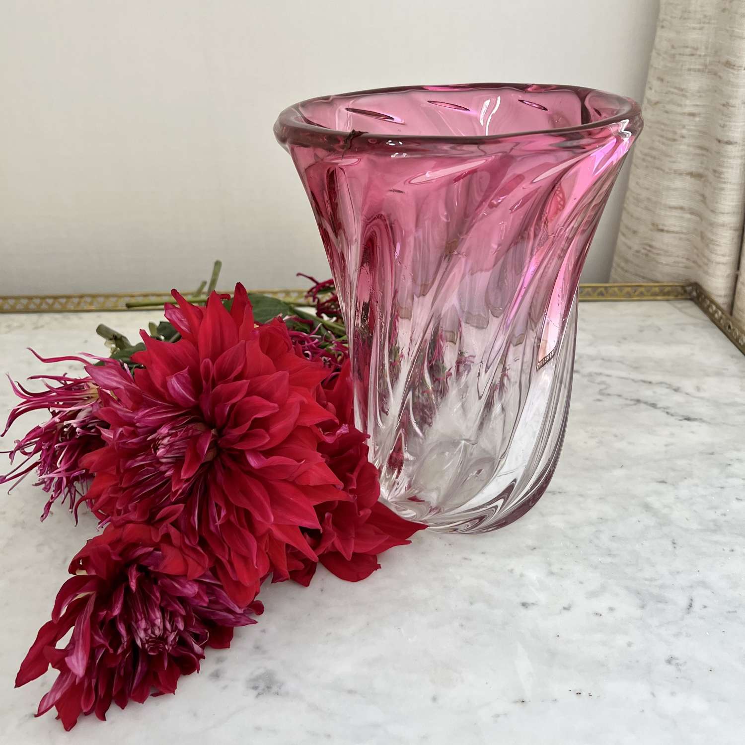 Large fluted pink crystal Val St Lambert vase