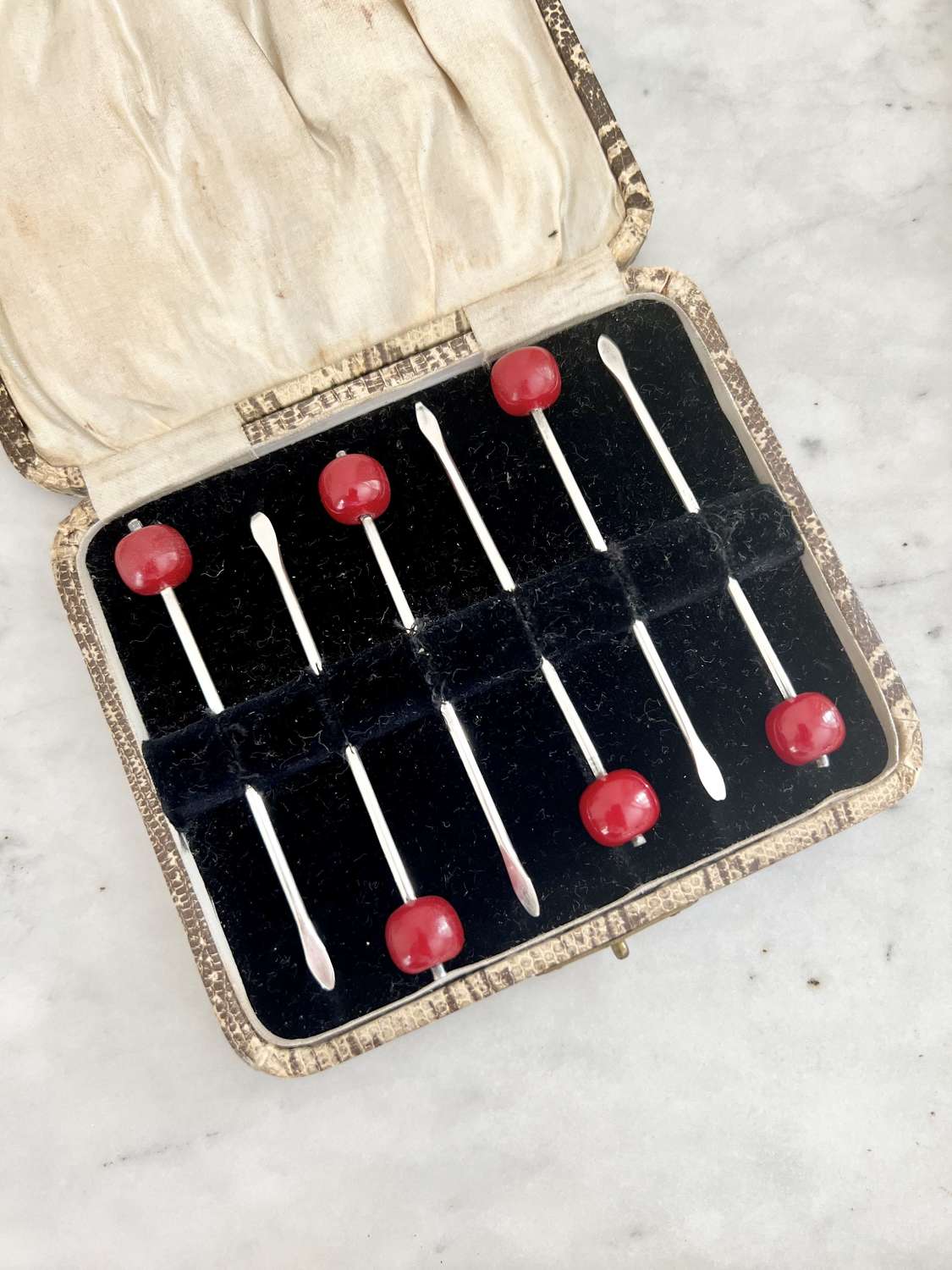 Art Deco silver cherry cocktail sticks in box
