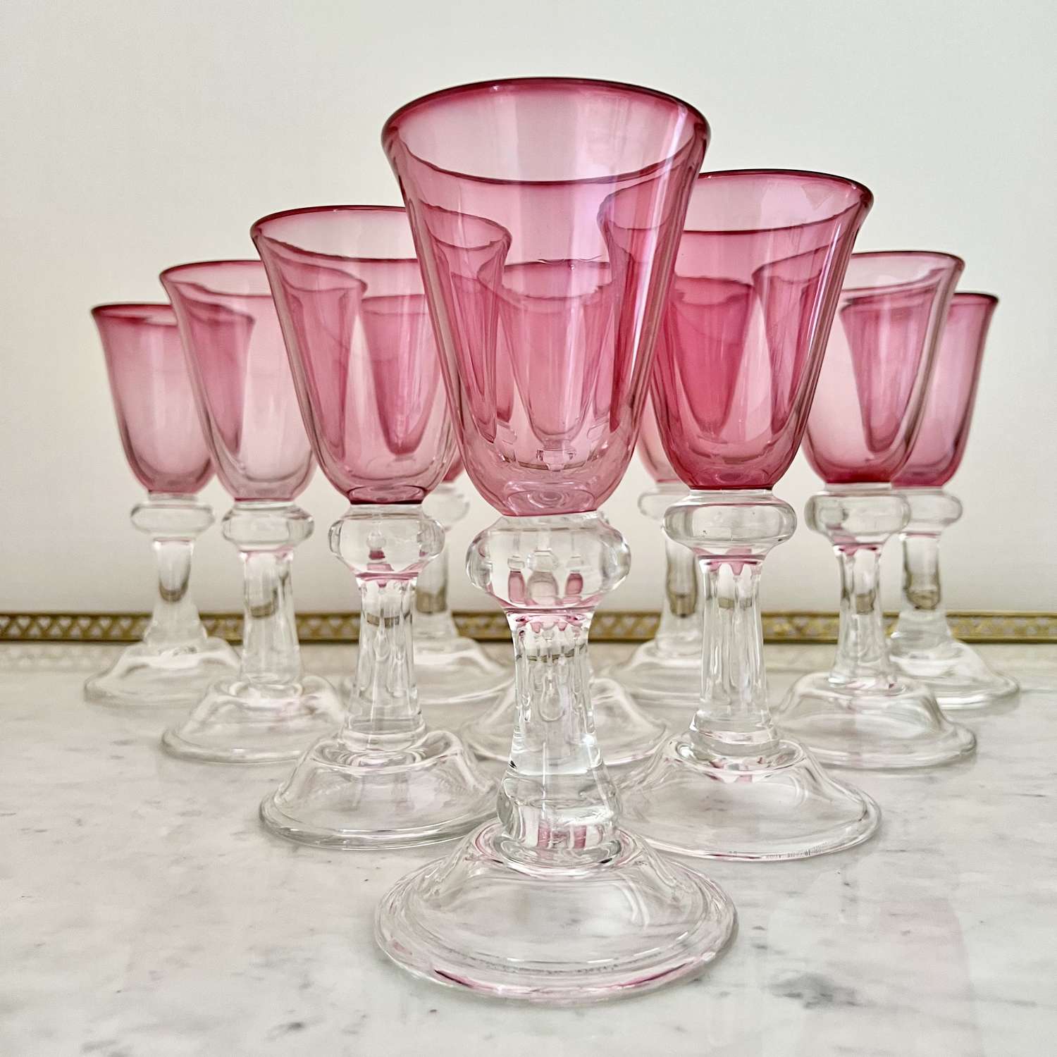 10 large Anthony Stern handblown pink crystal wine glasses