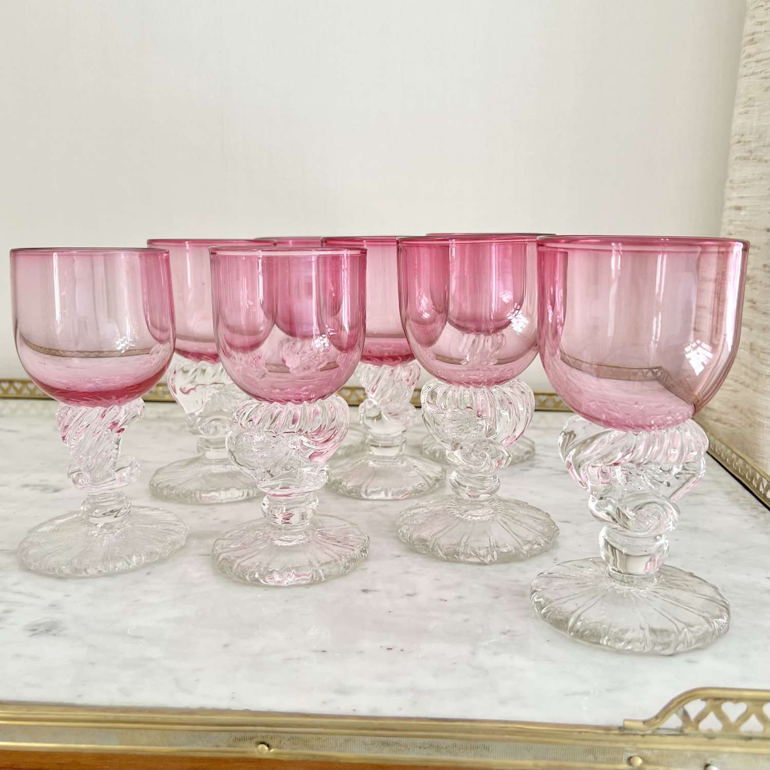 Anthony Stern handblown pink crystal goldfish wine glasses