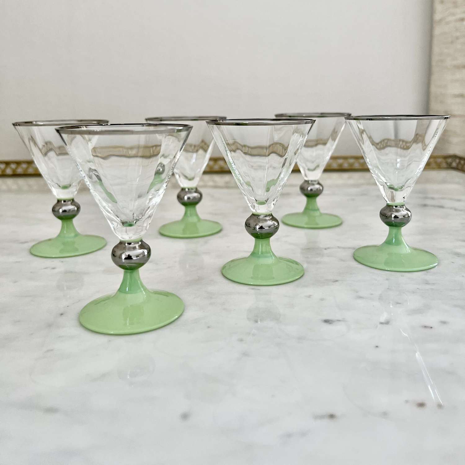 Art Deco silver & green ‘short’ cocktail glasses