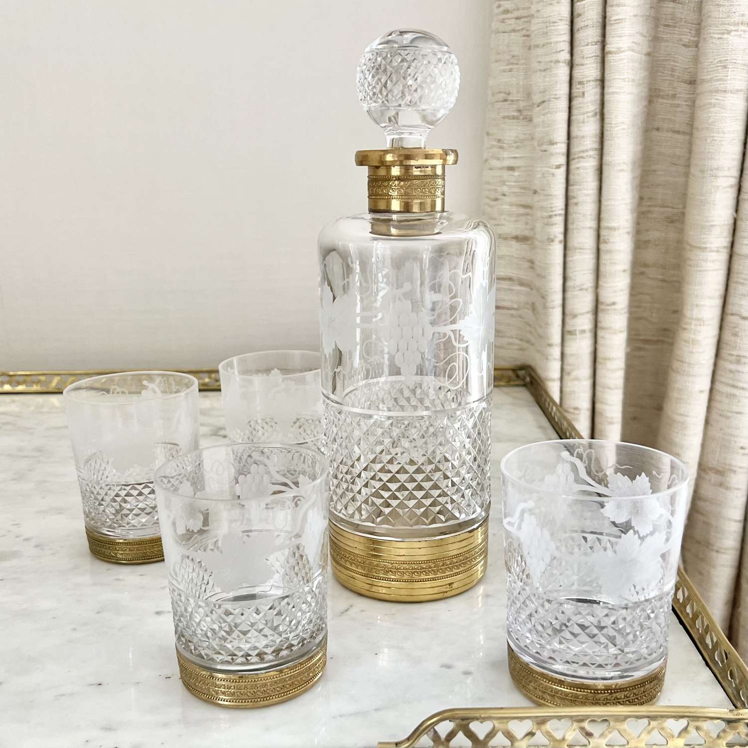 French ormolu & vine etched decanter & glasses set
