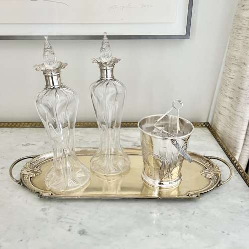 Pair of silver collar Art Nouveau glass decanters
