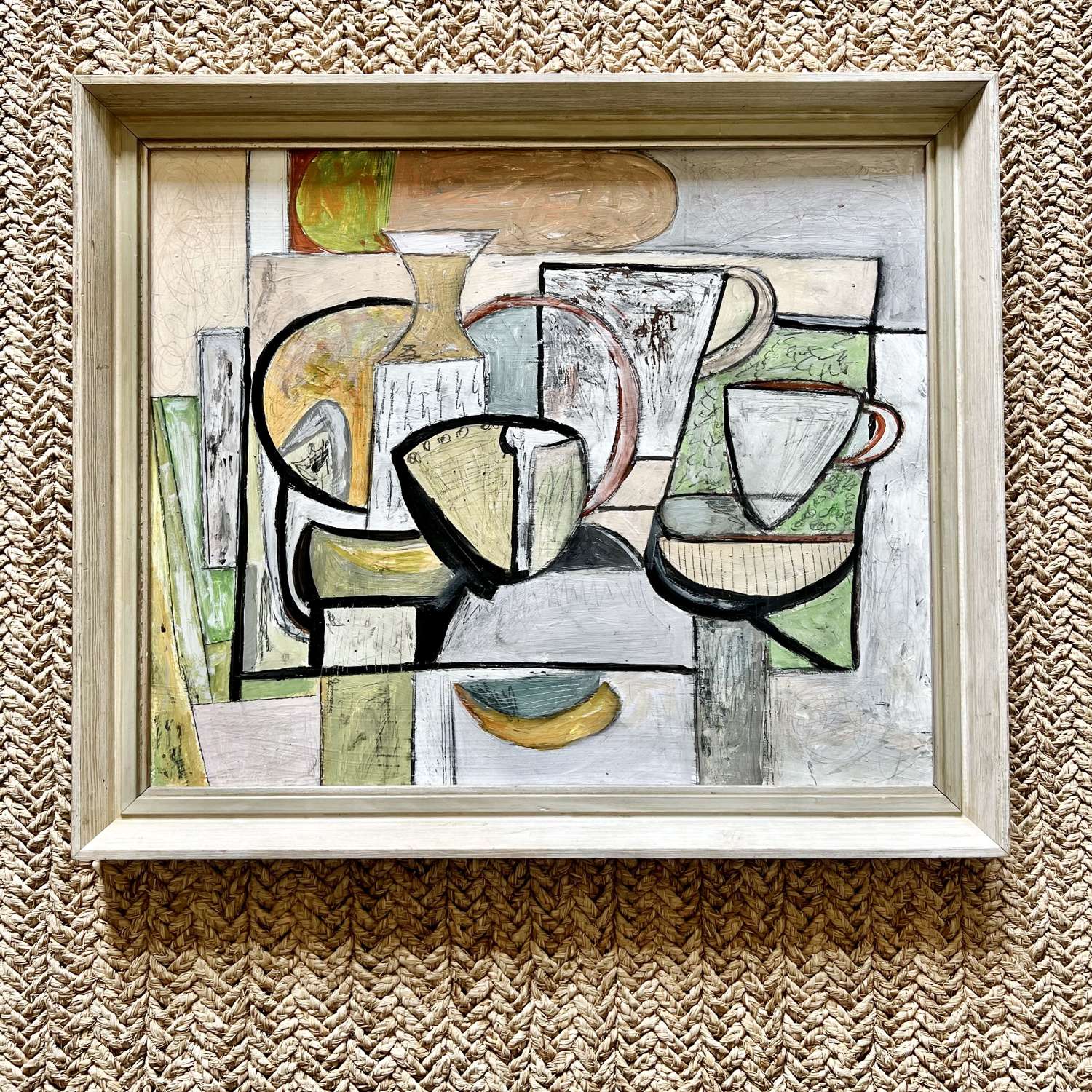 Mid Century abstract still life oil on board In a neutral palatte