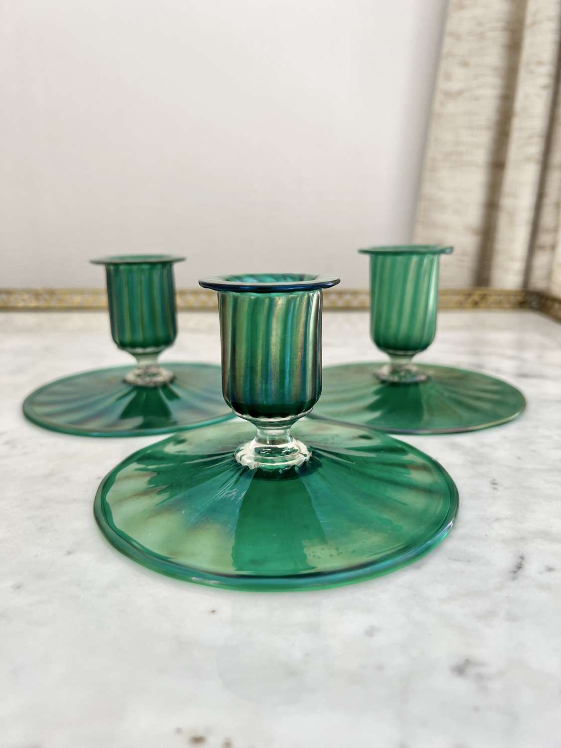 Trio of Murano emerald lustre glass candlesticks